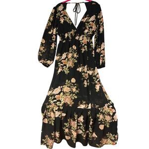Forever 21 Dress Women Small Black Floral Summer Open Back Maxi Slit Long Sleeve
